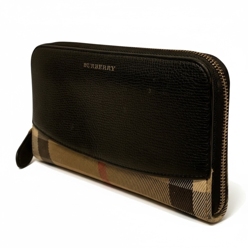 Burberry House Check Zip Around Wallet Black Leather & Nova Check